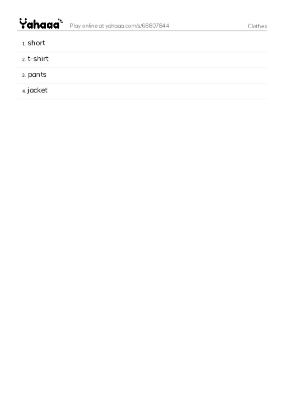 Word list with meanings worksheet for Clothes