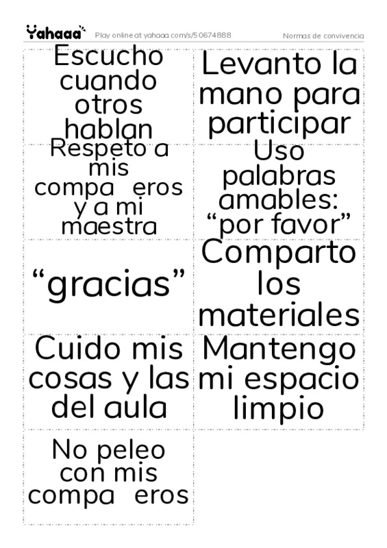 Word flashcards worksheet for Normas de convivencia