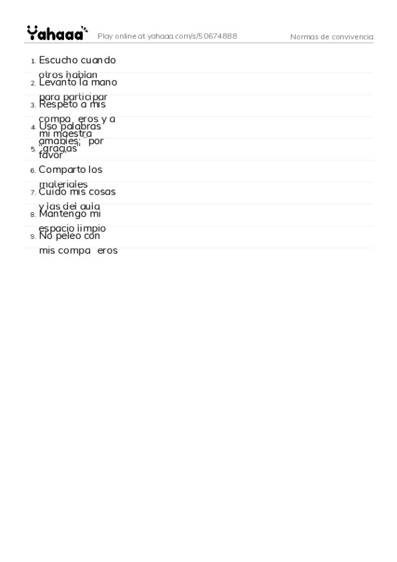 Word list with meanings worksheet for Normas de convivencia
