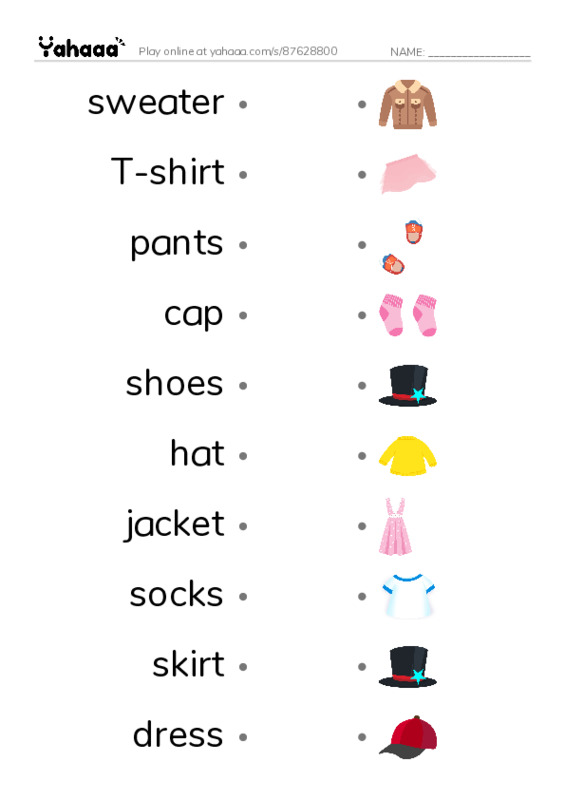Draw a line to match worksheet for Clothes