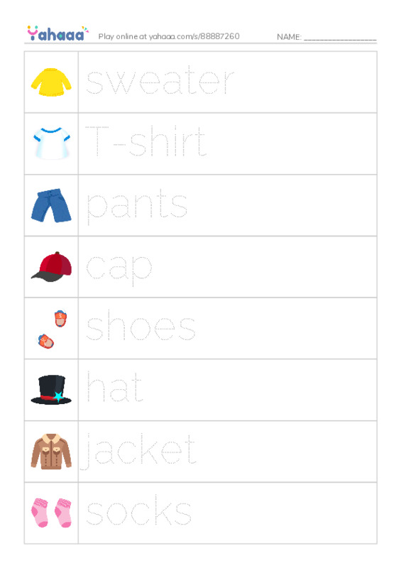Picture and word rows worksheet for Clothes