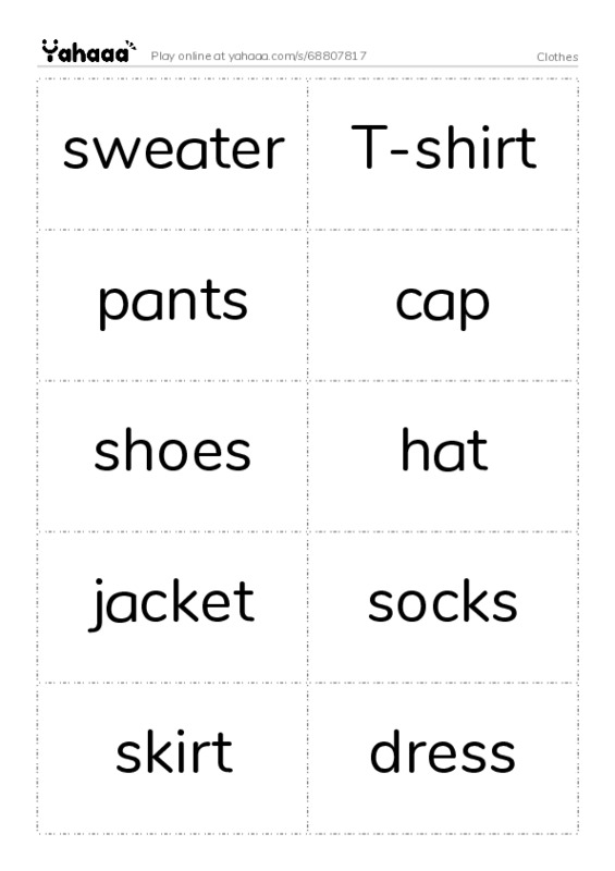 Word flashcards worksheet for Clothes
