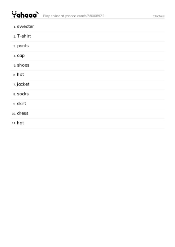 Word list with meanings worksheet for Clothes