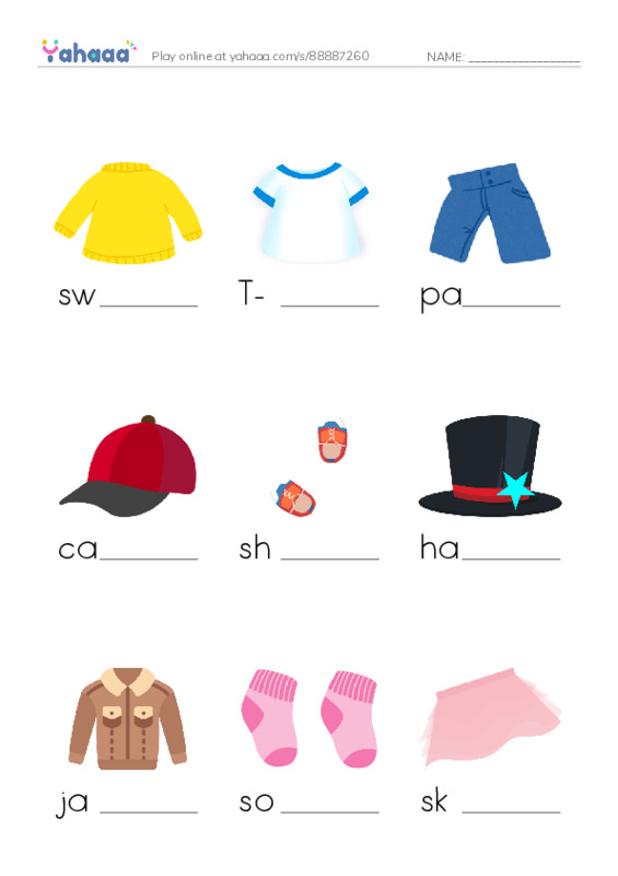 Finish the word worksheet for Clothes