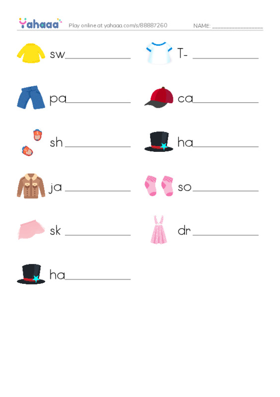 Write the word rows worksheet for Clothes