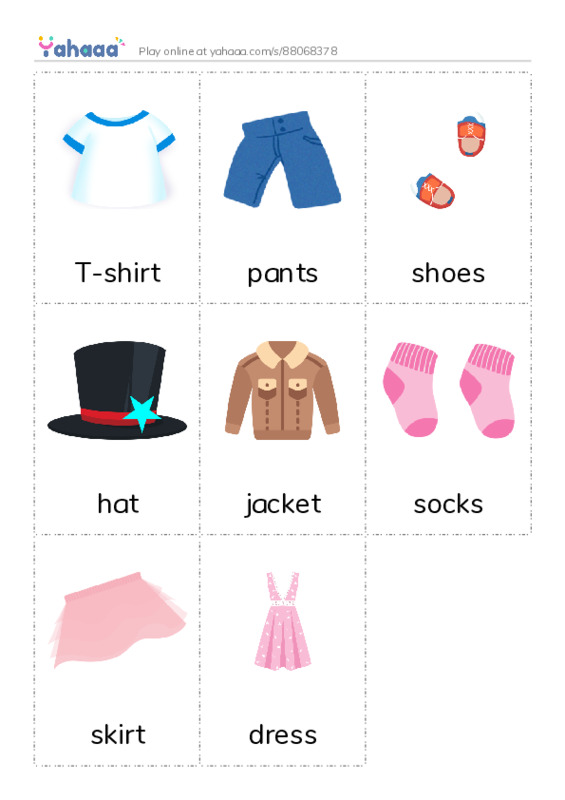 Picture flashcards worksheet for T-shirt, pants, shoes and 5 more