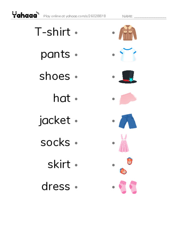Draw a line to match worksheet for T-shirt, pants, shoes and 5 more