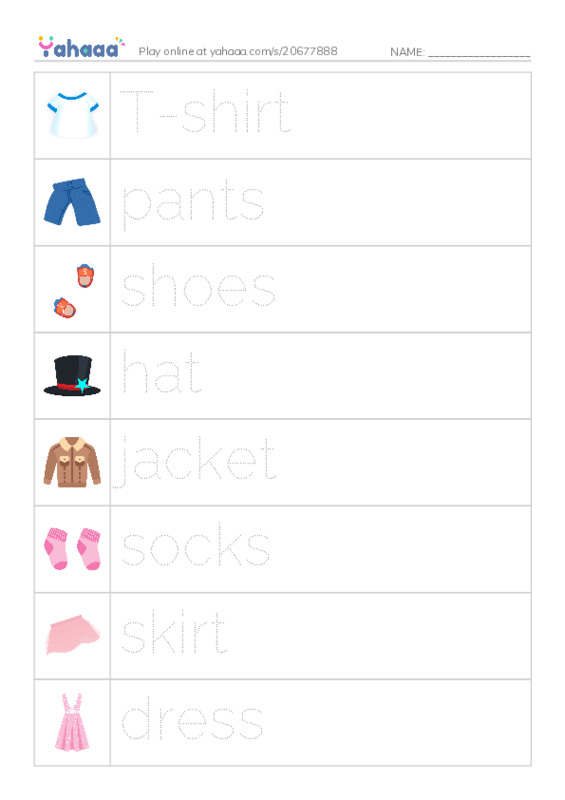 Picture and word rows worksheet for T-shirt, pants, shoes and 5 more