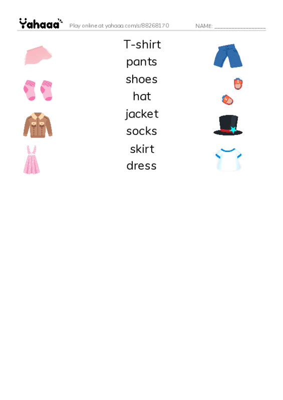 Match both sides worksheet for T-shirt, pants, shoes and 5 more