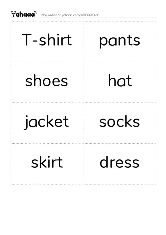 Word flashcards worksheet for T-shirt, pants, shoes and 5 more
