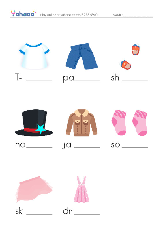 Finish the word worksheet for T-shirt, pants, shoes and 5 more