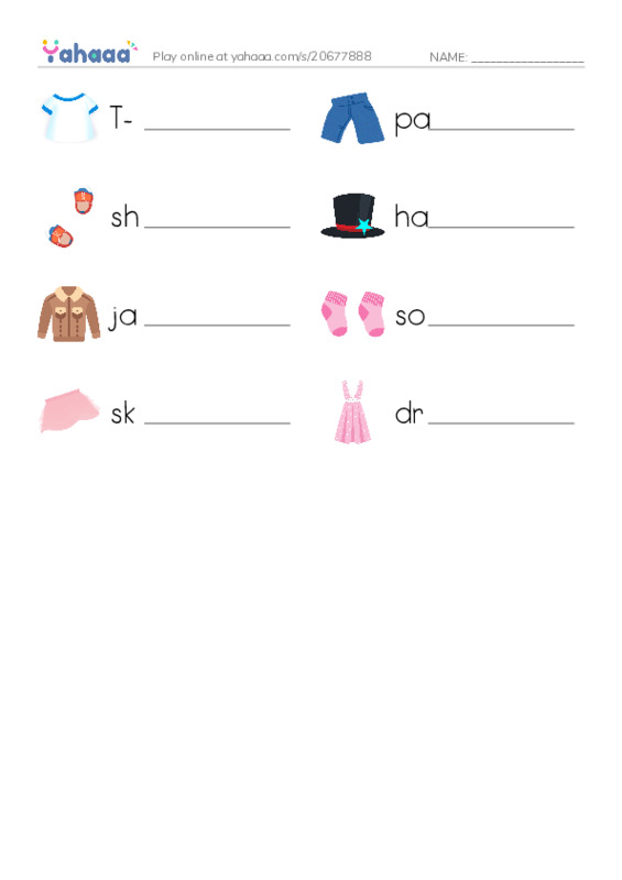 Write the word rows worksheet for T-shirt, pants, shoes and 5 more