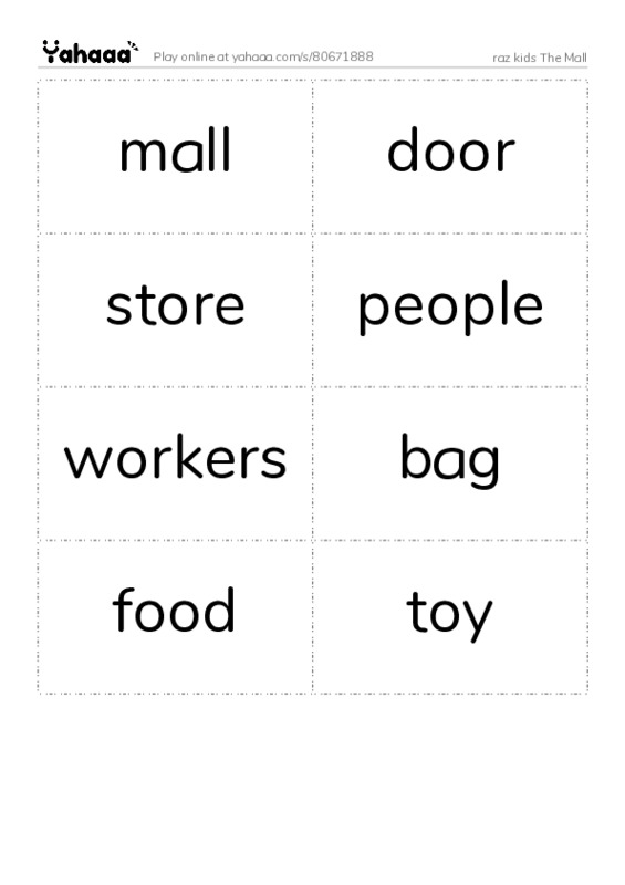 Word flashcards worksheet for raz kids The Mall
