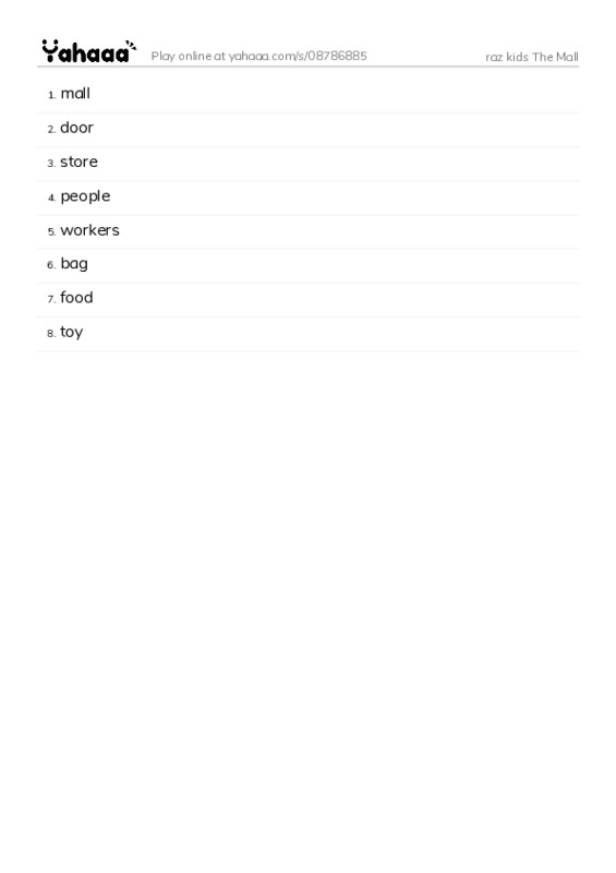 Word list with meanings worksheet for raz kids The Mall