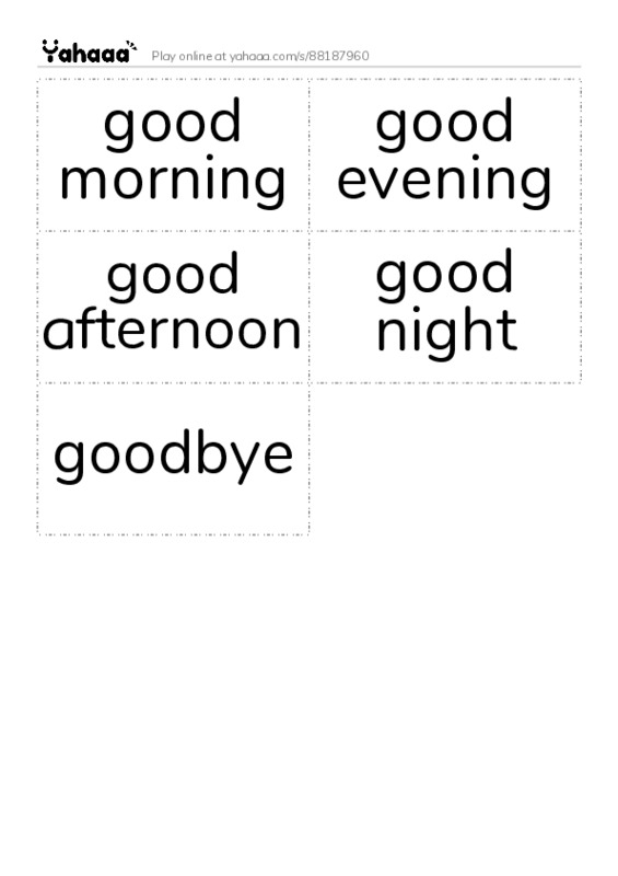 Word flashcards worksheet for good morning, good evening, good afternoon and 2 more