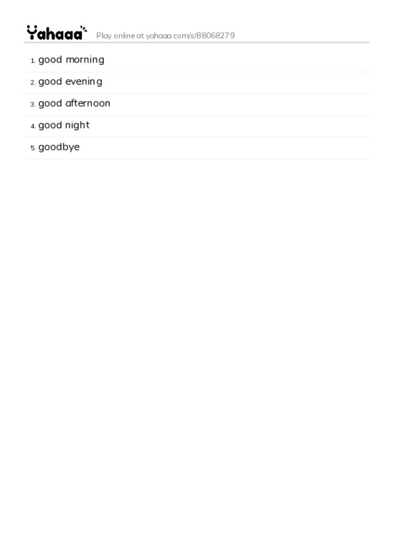 Word list with meanings worksheet for good morning, good evening, good afternoon and 2 more