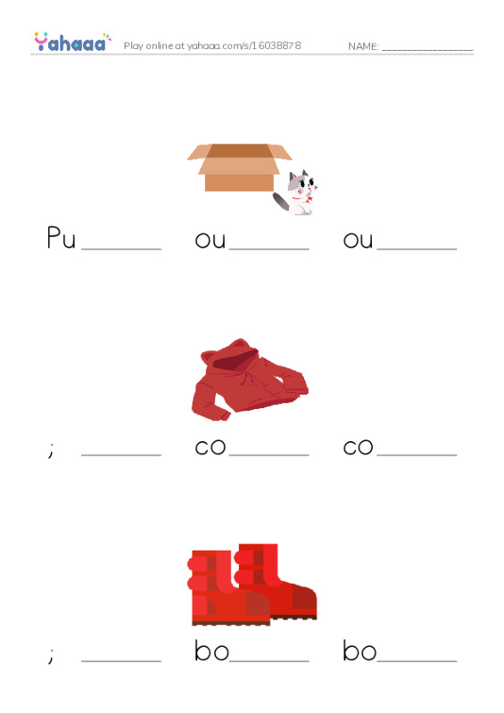 Finish the word worksheet for Put on your boots;
Outside, outside, outside;
It's raining outside and 6 more