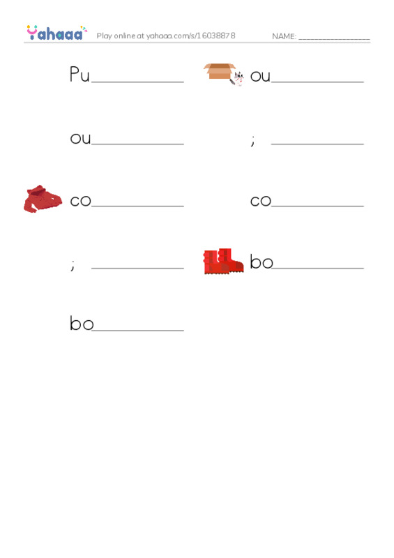 Write the word rows worksheet for Put on your boots;
Outside, outside, outside;
It's raining outside and 6 more