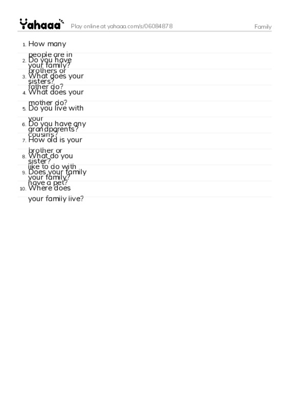 Word list with meanings worksheet for Family