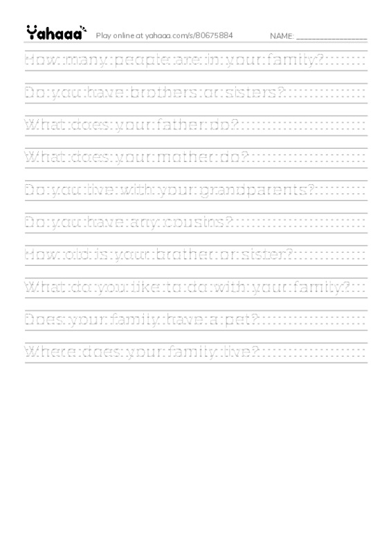 Handwriting lines worksheet for Family