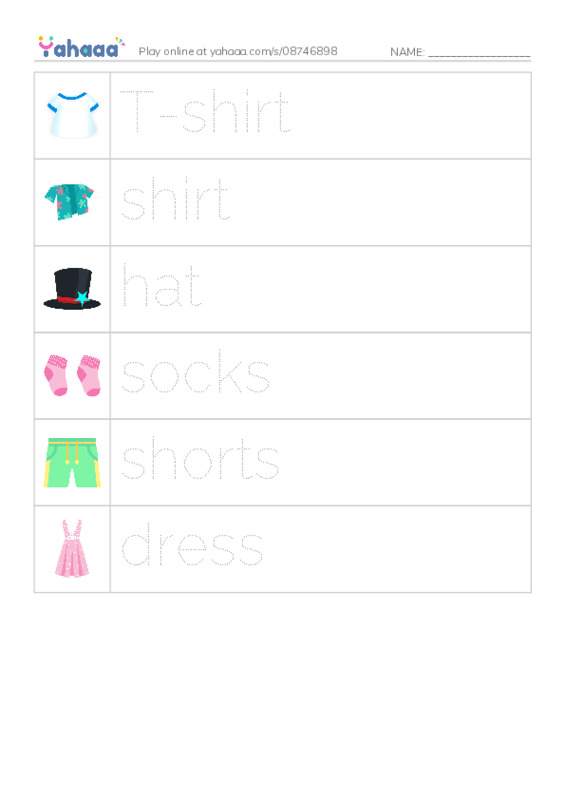 Picture and word rows worksheet for clothes