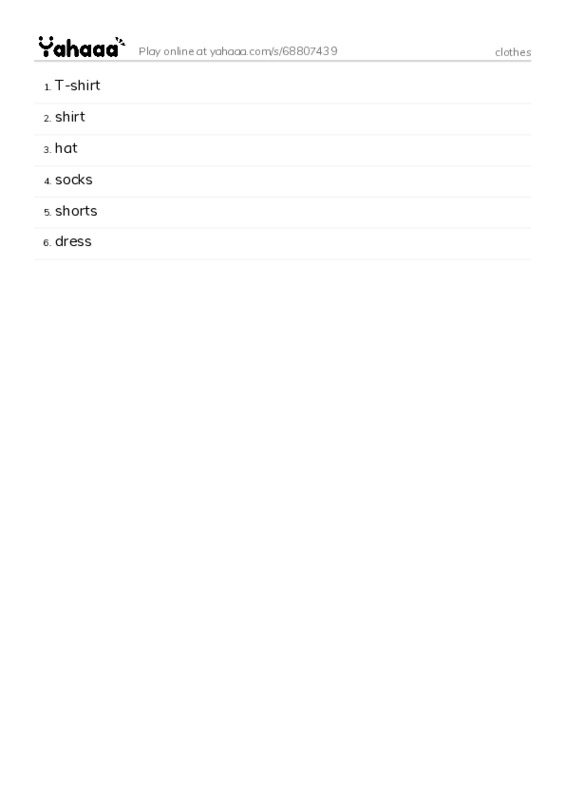 Word list with meanings worksheet for clothes