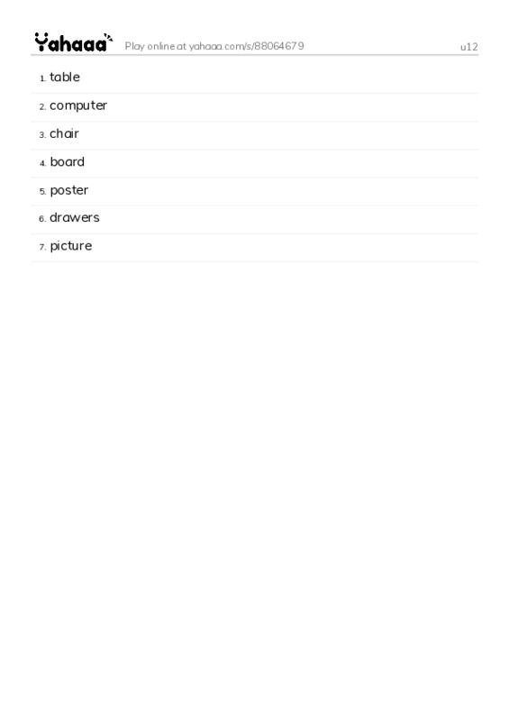 Word list with meanings worksheet for u12