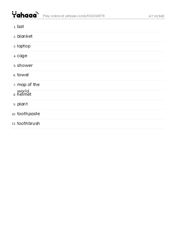 Word list with meanings worksheet for AT HOME