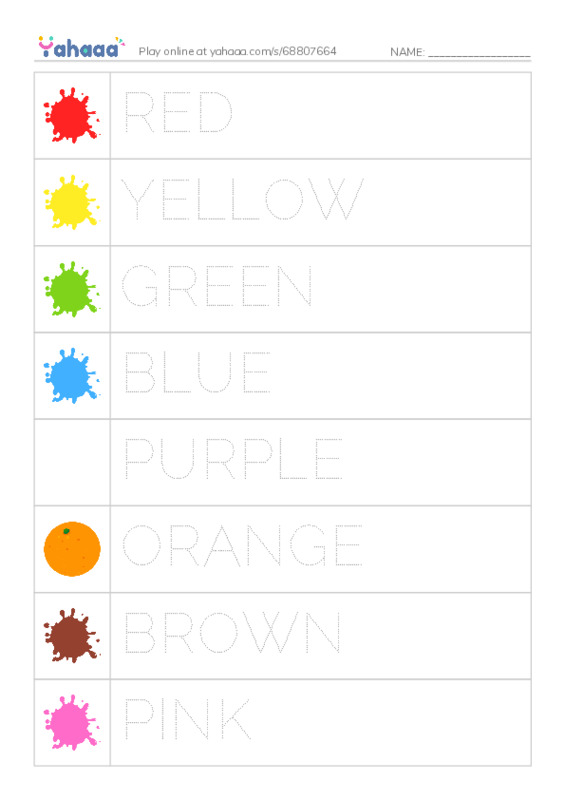 Picture and word rows worksheet for COLORS