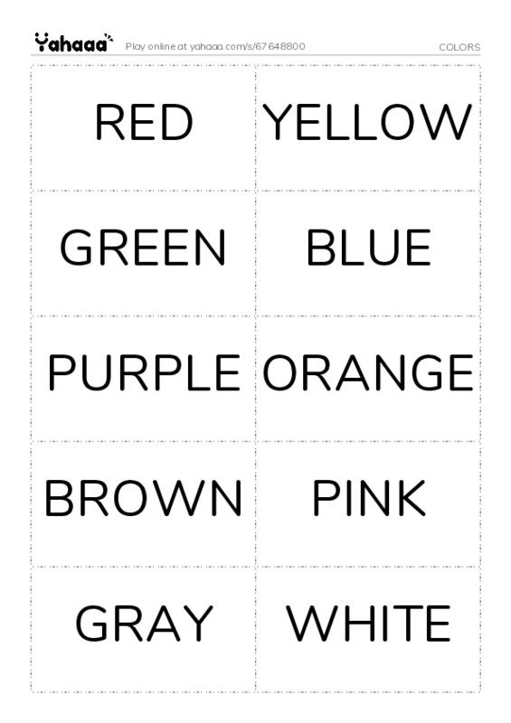 Word flashcards worksheet for COLORS
