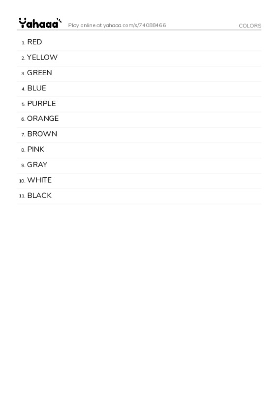Word list with meanings worksheet for COLORS