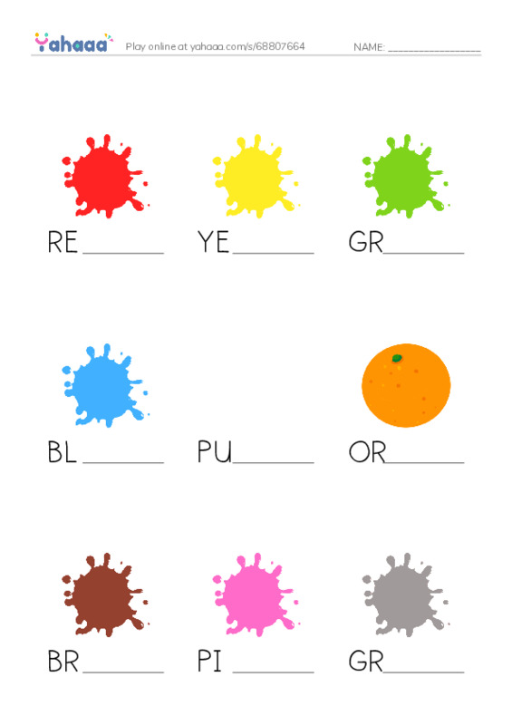 Finish the word worksheet for COLORS