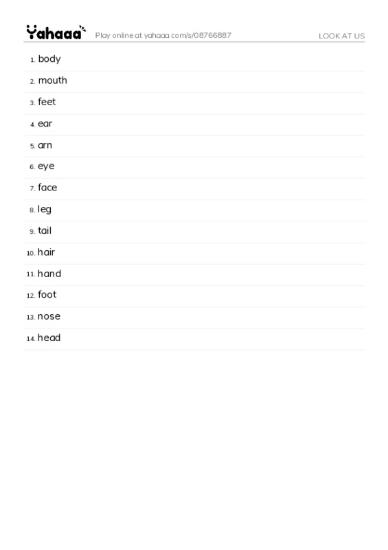 Word list with meanings worksheet for LOOK AT US