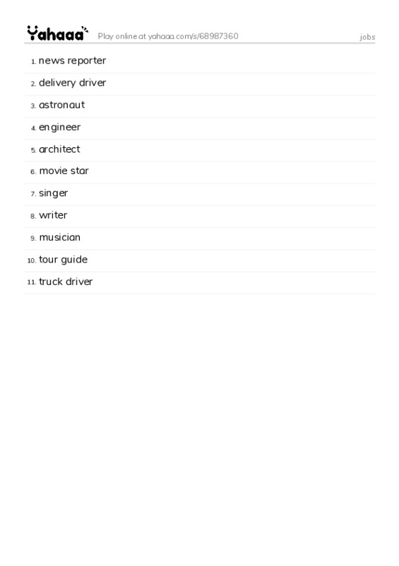 Word list with meanings worksheet for jobs