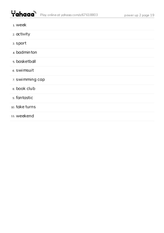 Word list with meanings worksheet for power up 2 page 19