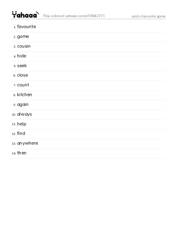 Word list with meanings worksheet for sara's favourite game