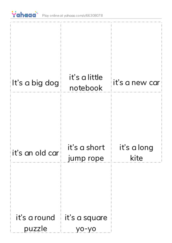 Picture flashcards worksheet for It’s a big dog, it’s a little notebook, it’s a new car and 5 more