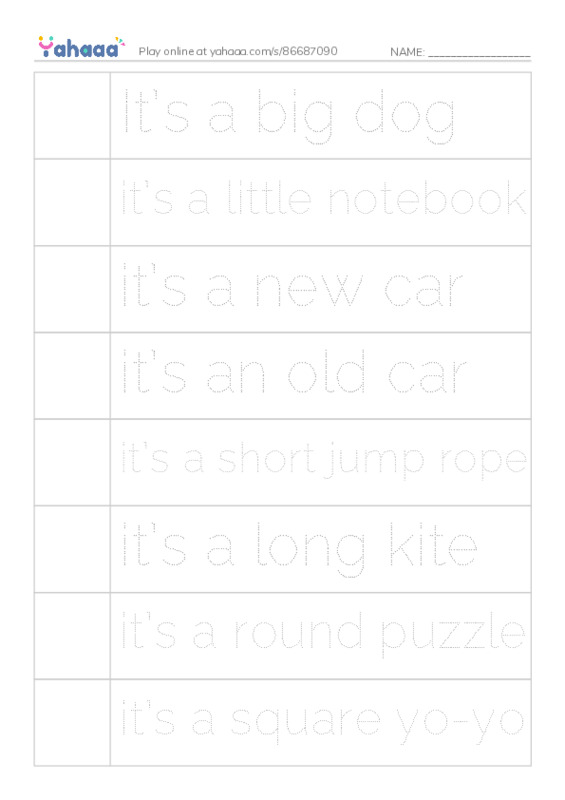 Picture and word rows worksheet for It’s a big dog, it’s a little notebook, it’s a new car and 5 more