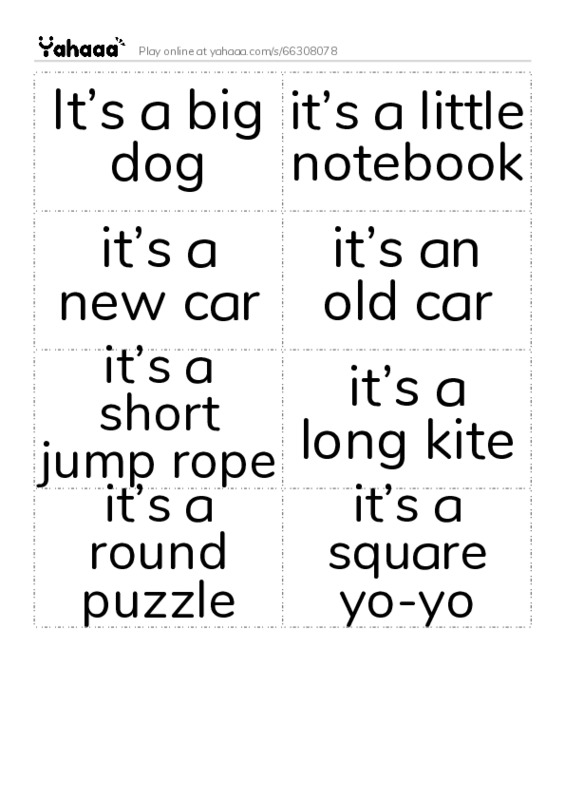 Word flashcards worksheet for It’s a big dog, it’s a little notebook, it’s a new car and 5 more