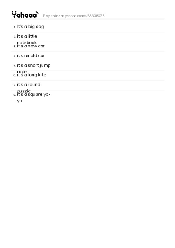 Word list with meanings worksheet for It’s a big dog, it’s a little notebook, it’s a new car and 5 more