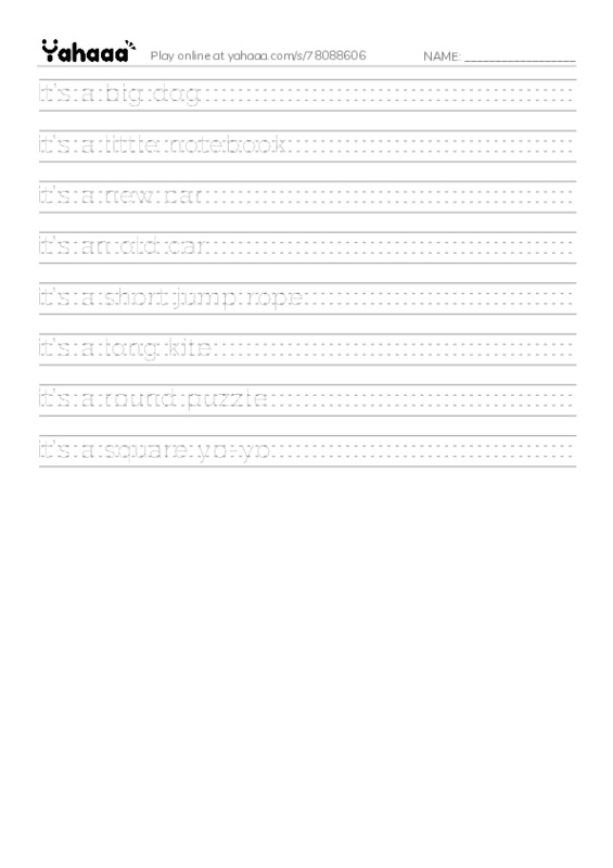 Handwriting lines worksheet for It’s a big dog, it’s a little notebook, it’s a new car and 5 more