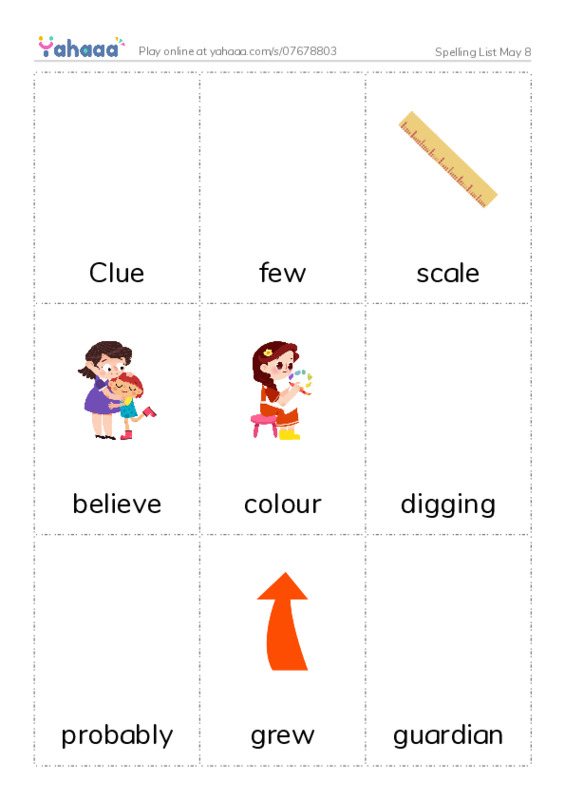 Picture flashcards worksheet for Spelling List May 8
