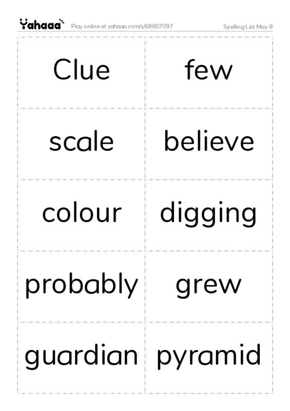 Word flashcards worksheet for Spelling List May 8