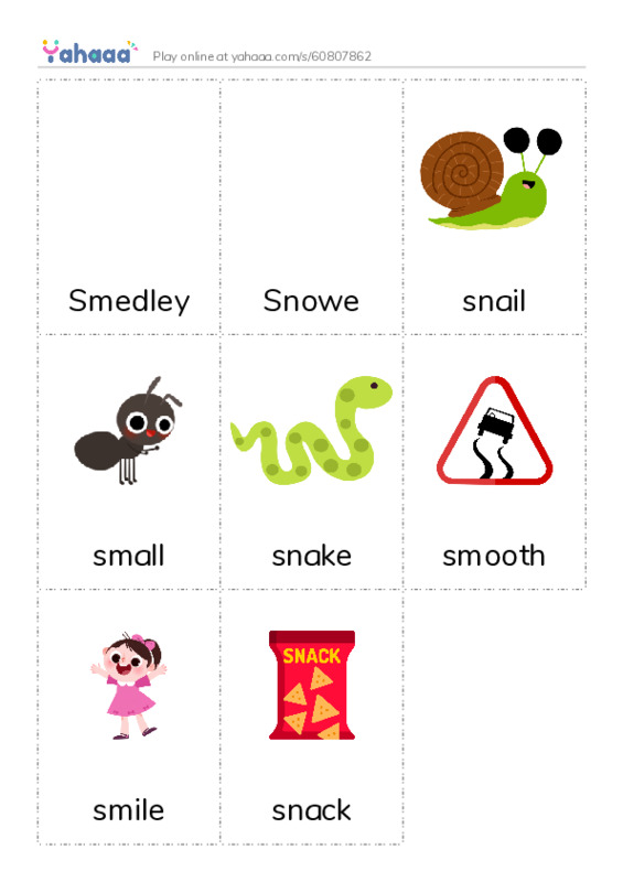 Picture flashcards worksheet for Smedley, Snowe, snail and 5 more