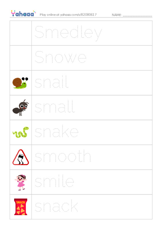 Picture and word rows worksheet for Smedley, Snowe, snail and 5 more