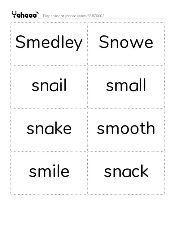 Word flashcards worksheet for Smedley, Snowe, snail and 5 more