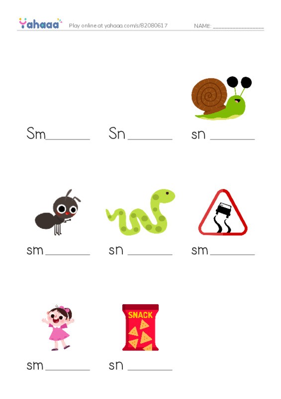 Finish the word worksheet for Smedley, Snowe, snail and 5 more