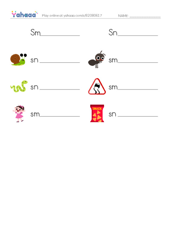 Write the word rows worksheet for Smedley, Snowe, snail and 5 more
