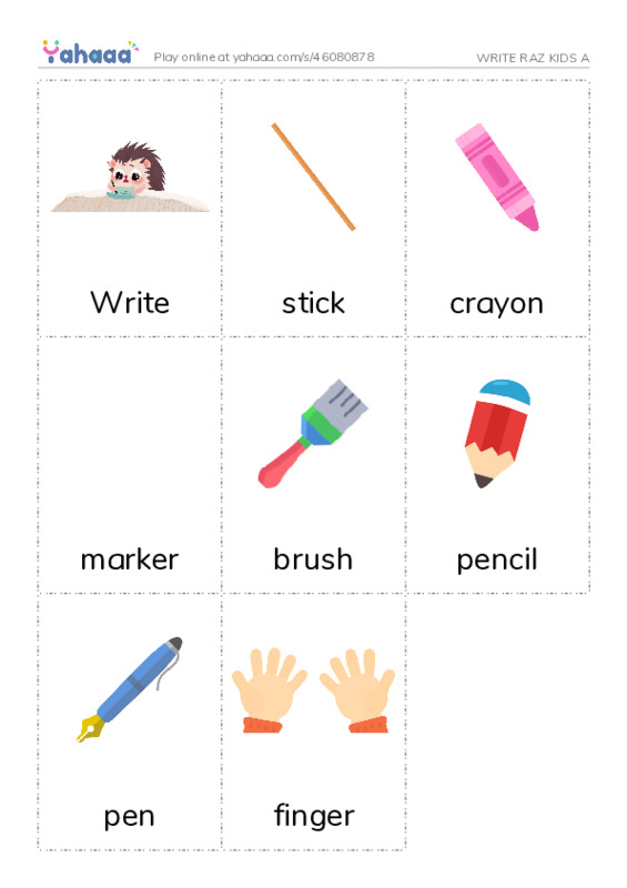 Picture flashcards worksheet for WRITE RAZ KIDS A