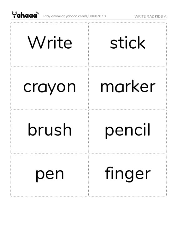 Word flashcards worksheet for WRITE RAZ KIDS A